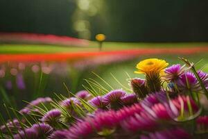 ein Feld von Blumen mit ein Gelb Blume im das Mitte. KI-generiert foto