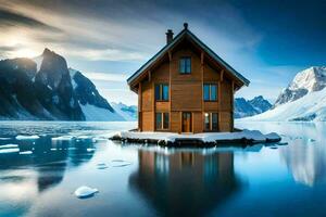 ein Haus auf ein Insel im das Mitte von ein See. KI-generiert foto