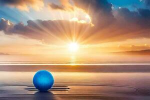 ein Blau Ei auf das Strand beim Sonnenuntergang. KI-generiert foto