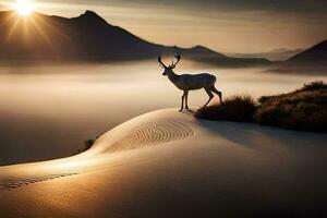 ein Hirsch steht auf oben von ein Sand Düne im das Berge. KI-generiert foto