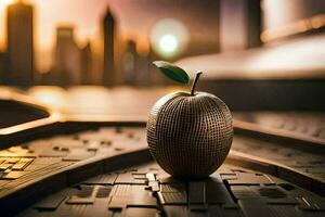 ein Apfel Sitzung auf oben von ein Schaltkreis Tafel. KI-generiert foto