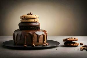 ein Schokolade Kuchen mit Kekse auf oben. KI-generiert foto