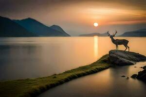 ein Hirsch steht auf ein Felsen im Vorderseite von ein See beim Sonnenuntergang. KI-generiert foto