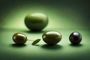 drei Grün Oliven und ein Apfel auf ein Grün Hintergrund. KI-generiert foto
