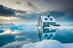 ein klein Haus sitzt auf oben von ein Eisberg. KI-generiert foto