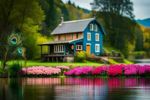 ein Blau Haus sitzt auf das Kante von ein See mit Rosa Blumen. KI-generiert foto