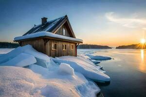 ein klein Kabine sitzt auf das Ufer von ein gefroren See. KI-generiert foto