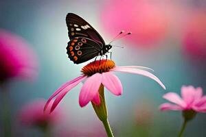 ein Schmetterling ist thront auf ein Rosa Blume. KI-generiert foto