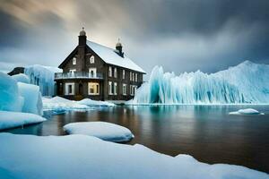 ein Haus umgeben durch Eis und Wasser. KI-generiert foto