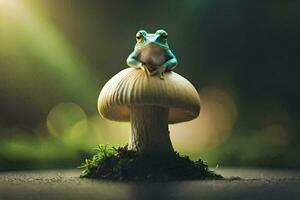 ein Frosch Sitzung auf oben von ein Pilz. KI-generiert foto