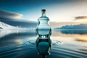 ein Flasche von Wasser sitzt auf das Wasser mit Berge im das Hintergrund. KI-generiert foto