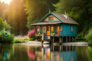 ein klein Haus sitzt auf das Ufer von ein See. KI-generiert foto