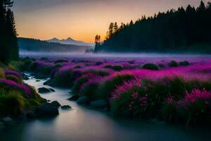 ein Fluss fließt durch ein Feld von lila Blumen beim Sonnenaufgang. KI-generiert foto