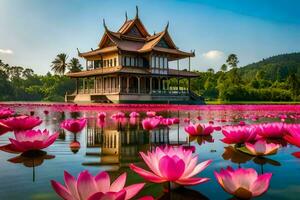 Rosa Lotus Blumen im das Wasser mit ein Pagode im das Hintergrund. KI-generiert foto