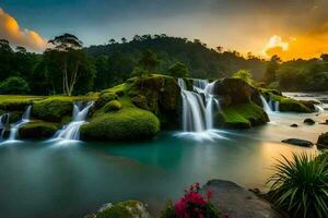 das Wasserfall im das Urwald beim Sonnenuntergang. KI-generiert foto