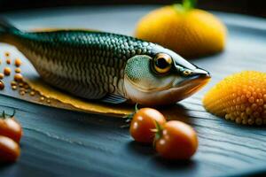 ein Fisch ist Sitzung auf ein Tabelle mit Tomaten. KI-generiert foto