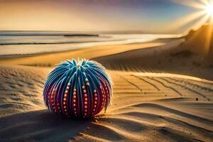ein bunt Ball sitzt auf das Sand beim Sonnenuntergang. KI-generiert foto