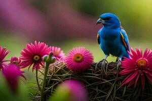 ein Blau Vogel ist thront auf oben von ein Nest von Rosa Blumen. KI-generiert foto