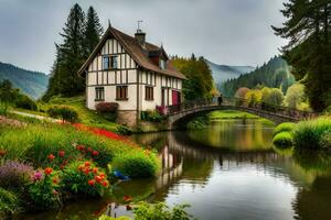 ein Haus und Brücke Über ein Fluss im das Mitte von ein Wald. KI-generiert foto