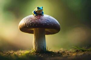 ein Frosch sitzt auf oben von ein Pilz. KI-generiert foto