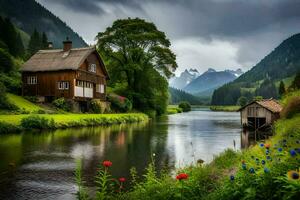 das Haus ist umgeben durch Blumen und ein Fluss. KI-generiert foto