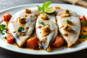 drei Fisch Filets mit Soße und Gemüse auf ein Weiß Platte. KI-generiert foto