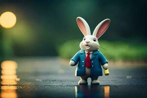 ein Spielzeug Hase im ein passen und Krawatte Stehen auf ein nass Straße. KI-generiert foto