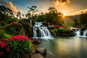 Tapeten, Natur, Landschaft, Wasserfall, Blumen, Wasser, Sonnenuntergang, Sonnenaufgang, Natur,. KI-generiert foto