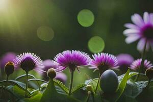 lila Blumen im das Sonne mit Grün Blätter. KI-generiert foto