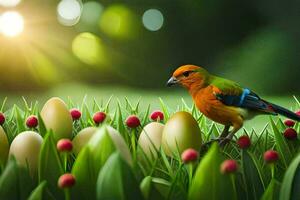 ein Vogel ist Stehen auf das Gras mit Eier. KI-generiert foto