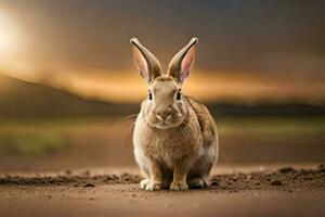 ein Hase Sitzung auf das Boden im Vorderseite von ein Sonnenuntergang. KI-generiert foto