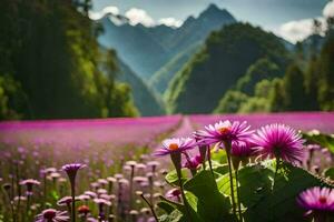 lila Blumen im ein Feld mit Berge im das Hintergrund. KI-generiert foto