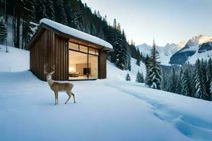 ein Hirsch steht im Vorderseite von ein Kabine im das Schnee. KI-generiert foto