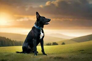 ein schwarz Hund Sitzung im das Gras beim Sonnenuntergang. KI-generiert foto