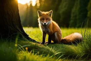 ein Fuchs sitzt im das Gras beim Sonnenuntergang. KI-generiert foto