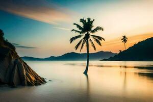 das Sonnenuntergang auf das Strand mit ein Palme Baum. KI-generiert foto