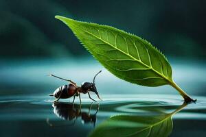 ein Fehler auf ein Blatt im Wasser mit ein Betrachtung. KI-generiert foto