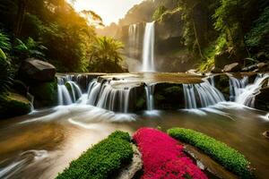 schön Wasserfall im das Urwald mit Rosa Blumen. KI-generiert foto