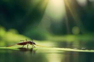 ein Fehler auf ein Blatt im das Wasser mit Sonnenlicht leuchtenden durch. KI-generiert foto