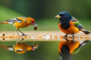 zwei Vögel Stehen auf das Boden mit ein Vogel im es ist Schnabel. KI-generiert foto