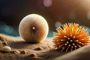 zwei Meer Seeigel auf das Sand. KI-generiert foto