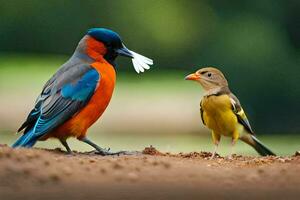 ein bunt Vogel und ein klein Vogel Stehen auf das Boden. KI-generiert foto