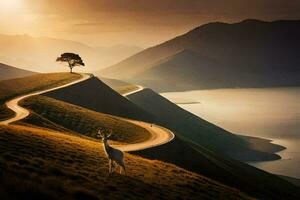 ein Hirsch steht auf ein Hügel mit Blick auf ein See. KI-generiert foto