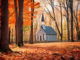 ein klein Weiß hölzern evangelisch Kirche im ein herbstlich amerikanisch Wald im Neu Hampshire generativ ai foto