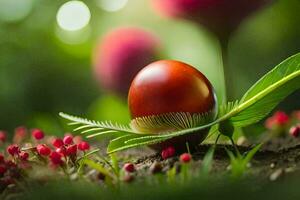 ein rot Ei auf das Boden mit rot Beeren. KI-generiert foto