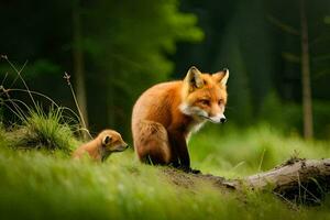 ein Mutter Fuchs und ihr Jungtier im das Gras. KI-generiert foto