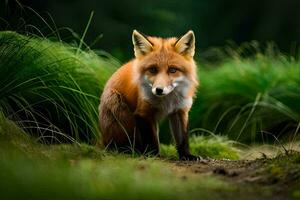 ein rot Fuchs ist Sitzung im das Gras. KI-generiert foto