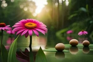 Rosa Blumen und Eier im das Wasser. KI-generiert foto