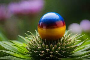 ein bunt Ei Sitzung auf oben von ein Pflanze. KI-generiert foto