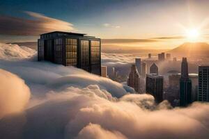 Wolken Über das Stadt, mit das Sonne leuchtenden durch. KI-generiert foto